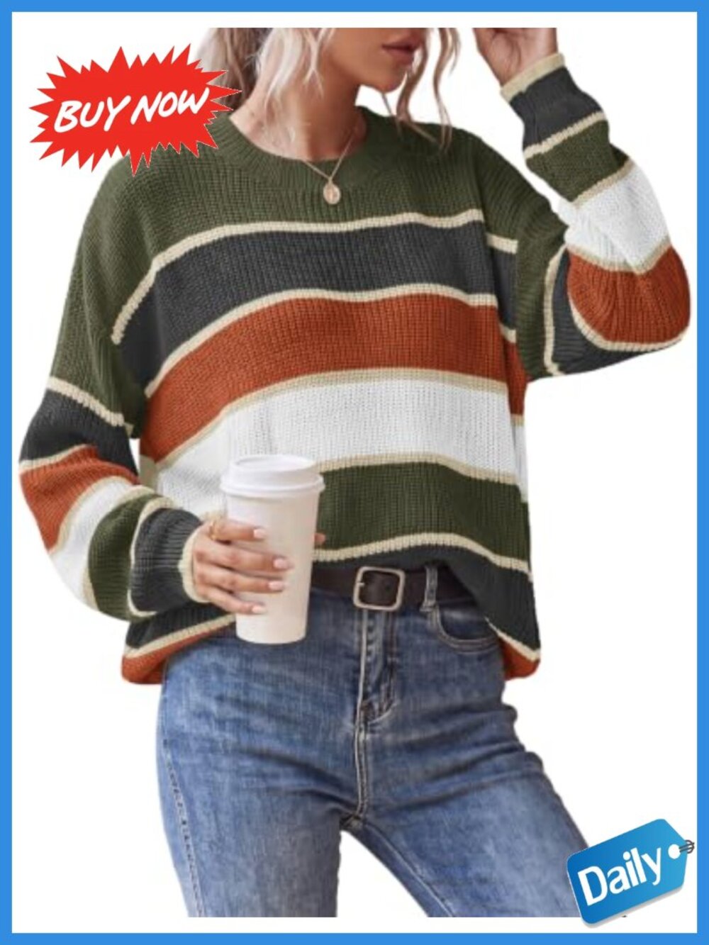 Womens Striped Oversized Sweater Casual Long Sleeve Pullover Fall Winter Top
